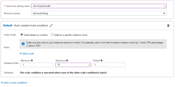 Screenshot setting Auto Scale di Azure App Service